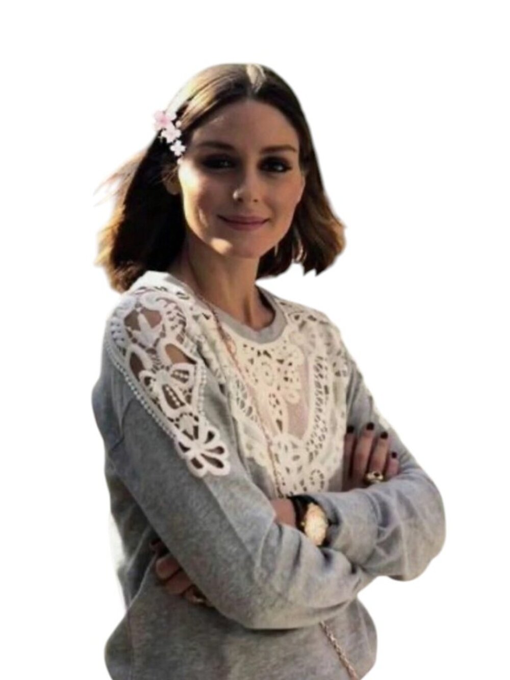 Paige Sweatshirt Womens Small Gray Beige Crochet Lace Neck Shoulder Pullover